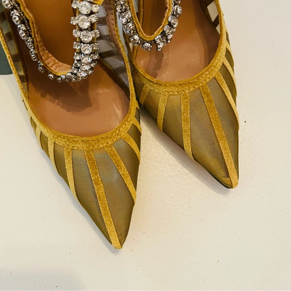 Faux Velvet Mustard Rhinestone Crystal Arch Heels Mules - Picture 3 of 10